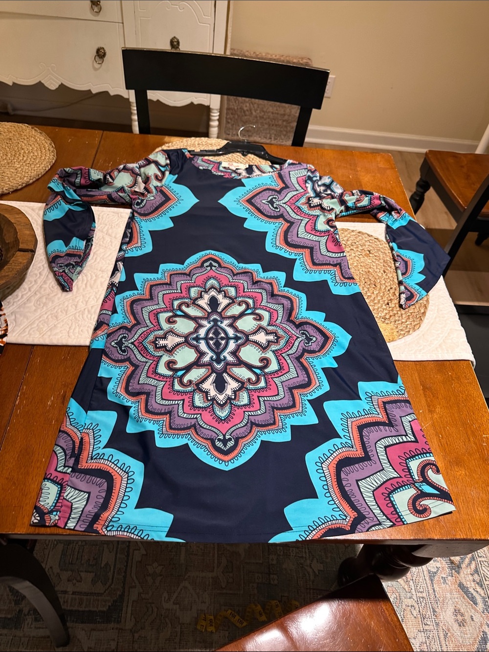 Aryeh Navy Dress with Teal & Coral Medallion Print